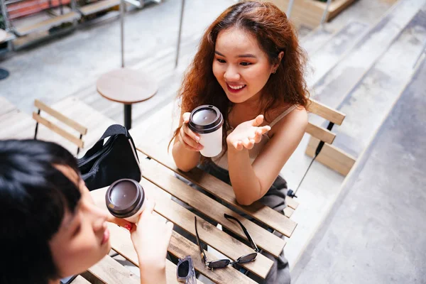 Cheerful Young Asian Woman Enjoy Cup Coffee Friend Cafe — Stock Photo, Image