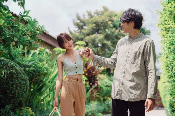 Asian Thai Couple Holding Hand Walking Park Happiness Day Time — Stock Photo, Image