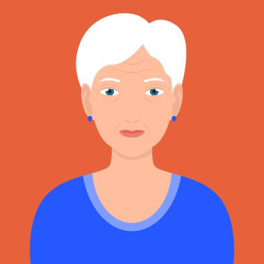 Beyaz saçlı yaşlı kadın turuncu arka planda yapayalnız duruyor..