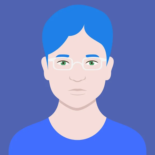 Короткие Волосы Мужчина Очках Стоящий Одиночестве Синем Фоне — стоковый вектор