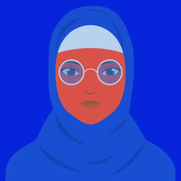 Mujer Musulmana Con Hijab Anteojos Pie Sola Frente Fondo Azul — Vector de stock