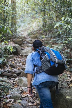 Erkek yürüyüşü ormana doğru gidiyor ve kameraya yetişmek için geri dönüyor..