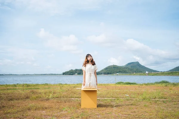 Young Asian Thai Woman Hipster Curly Hairstyle White Dress Standing — Stock Photo, Image