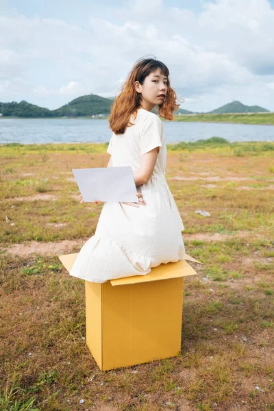 Back View Young Asian Thai Woman Hipster Curly Hairstyle White — Stock Photo, Image