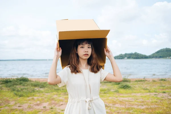 Young Asian Thai Woman Hipster Curly Hairstyle White Dress Playing — Stock Photo, Image