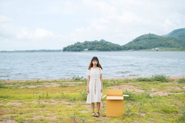 Young Asian Thai Woman Hipster Curly Hairstyle White Dress Standing — Stock Photo, Image