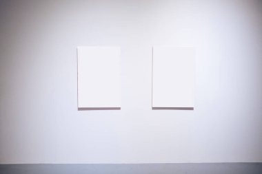 Beyaz duvarda iki boş beyaz çerçeve bezi var. Sanat galerisi.