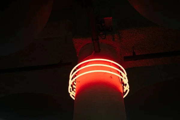 Red neon ring on the pole. energy source, round portal, red neon lights, virtual reality, circles, glowing rings, infrared, ultraviolet spectrum, laser.