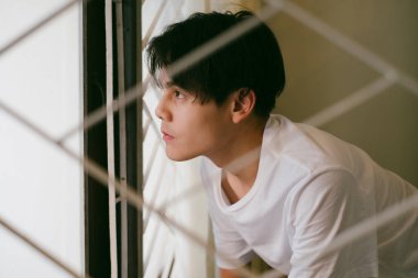 Siyah saçlı adamın portresi. Pencereden dışarı bak, çitin içinden geç..