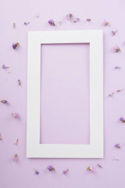 Kağıt kopyalama alanı lavanta çiçeğiyle pastel mor arkaplan üzerinde maket yapıyor. Üst görünüm.