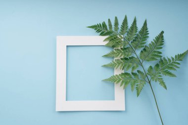 Mavi arkaplan üzerinde yaprak olan beyaz çerçeveyi düzenle. Boşluğu kopyala.