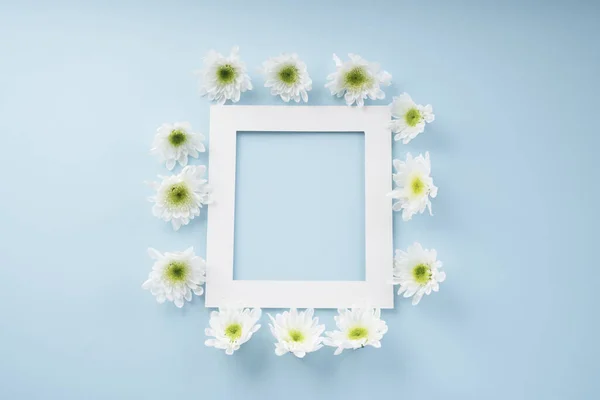 Mock up white frame with flower over bright blue background. Blooming season concept.