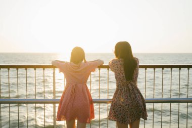 Denizin yanındaki gümüş çitte iki uzun saçlı kızın silüeti, gün batımına bak..