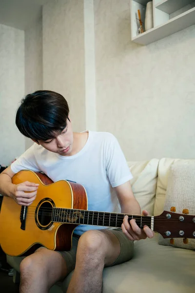 Close Young Thai Guitarist Man White Shirt Playing Acoustic Guitar Stock Photo