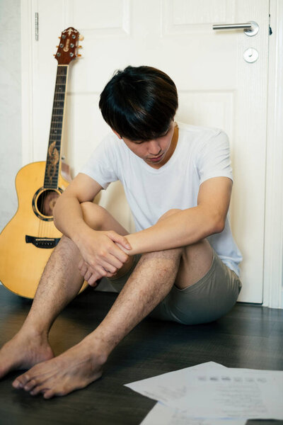 Tired Young Thai Guitarist Man Sleeping Door Room House Stock Image