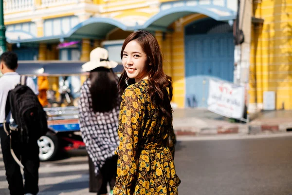 Back Shot Cute Curly Long Hair Girl Yellow Dress Standing Stock Image