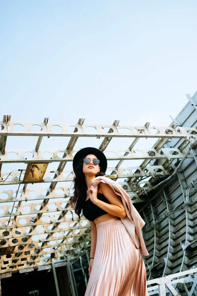 Black Long Hair Girl Standing Wreck Plane Blue Sky Hold Stock Photo