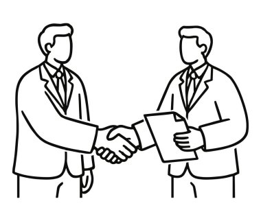 Takım elbiseli iki adamın el sıkışmasını gösteren basit bir çizim. Kurumsal anlaşmaları, siyasi ittifakları, diplomasiyi, mesleki tanıtımları ve çatışma çözümlerini temsil etmek için ideal.