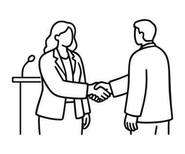 Bir iş kadını ve iş adamının el sıkışmasının siyah beyaz çizimi. Sivil ortaklığı, münazara girişini, siyasi anlaşmayı ve hükümetteki eşitliği temsil ediyor.