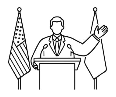 Podyumda iki bayrak arasında duran bir erkek liderin tasviri. Başkanlık konuşmaları, ulusal duyurular, devlet işleri ve basın toplantıları için mükemmel..