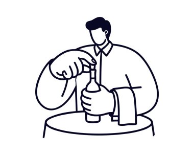 Bir şişe şarap açmak için tirbuşon kullanan bir garsonun vektör çizgisi çizimi. Karakter güzel bir yemek kutlaması için içki hazırlıyor..