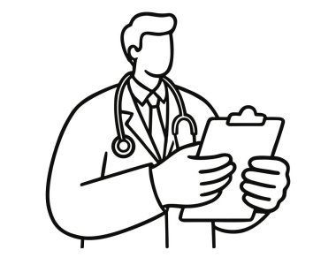 Steteskoplu profesyonel bir erkek doktor, sağlık kontrollerini, teşhisi ve hastane yönetimini temsil eden notlar için tıbbi bir pano tutuyor..