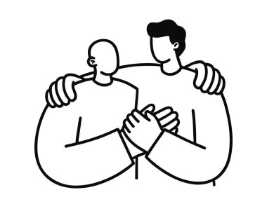 Two men sharing a supportive hug, representing friendship, brotherhood, reconciliation, and emotional support in a simple black and white line drawing.