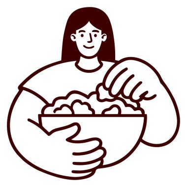 Bayan izleyici büyük bir kase patlamış mısırın tadını çıkarıyor. Kadın mutlu bir ifadeyle atıştırırken film ya da oyun seyrediyor..