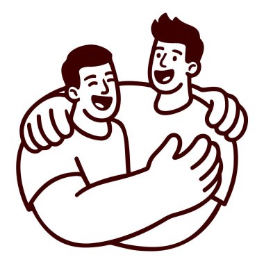 İki mutlu erkek arkadaş ya da takım arkadaşı kucaklaşıp gülüyor. Dostluk ve dostlukla zaferi kutlayan destekçiler..