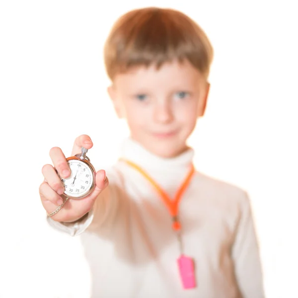 El niño el entrenador con un cronómetro y un silbato — Foto de Stock