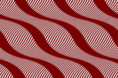 Dalga çizgileri vektörüyle tam kusursuz arkaplan. Dikey dalga çizgileri olan kırmızı doku. Moda ve dekor kumaş baskısı için dikey çizgiler tasarımı.