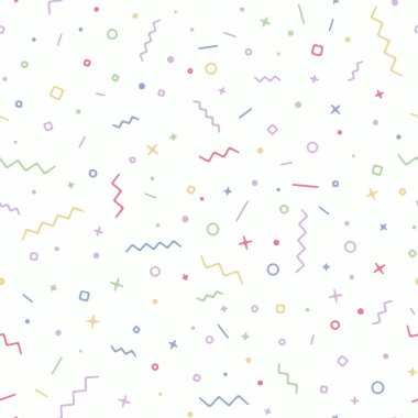 Daire, kare zigzag ve dalgalı şeritli kusursuz geometrik konfeti vektör arkaplanı. Kumaş baskı dokusu. 