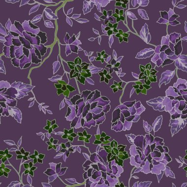 Kusursuz çiçek desenli kumaş desenli arka plan. Süslü mor bahçe çiçekleri ve yeşil yapraklar klasik illüstrasyon tasarımı.