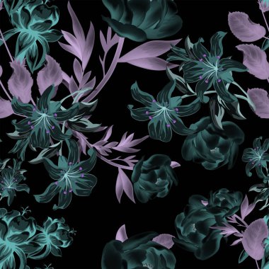 Kumaş izi için kusursuz yeşil liyum çiçeği desenli arka plan. Zambak illüstrasyonu. Lily çiçekleri kadınlar için gece elbisesi ve tekstil için vektör tasarımı bırakıyor.