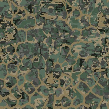Kusursuz, sorunsuz kamuflaj dokusu arka planı. Askeri üniforma izi. Düzensiz noktalı suluboya deseni. Yıllanmış yıpranmış kumaş..