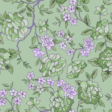 Eksiksiz yeşil menekşe desenli retro illüstrasyon. Süslü bahçe çiçekleri ve kumaş baskı arkaplanı için vintage tasarım.