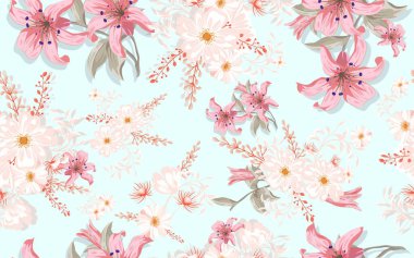 Kumaş izi için tam dikişsiz papatya çiçeği desenli arka plan. Ditsy illüstrasyon. Kırmızı zambak ve papatya çiçekleri kadın kıyafetleri ve tekstil için vektör tasarımı bırakır.