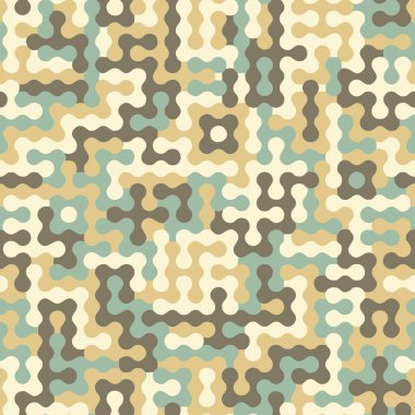 Kusursuz soyut kamuflaj deseni, yuvarlak bej, haki rengi, krem rengi ve yumuşak yeşil modüller. Moda tekstil ve duvar kağıdı için modern ordu tarzı kumaş baskı arka planı.