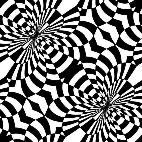Full Seamless op art spiral pattern. Inverted vortex shapes create optical print. High contrast vector background for posters, fashion textiles, wallpaper, decor and branding.