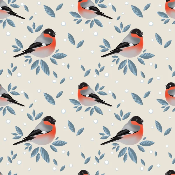 Bullfinches com folhagem e padrão de neve —  Vetores de Stock