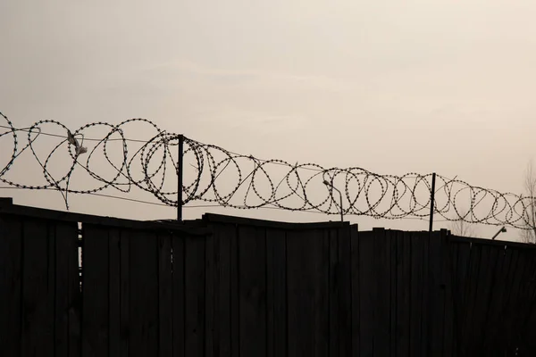 Wooden Fence Barbed Wire Grey Sky — Stock Photo, Image