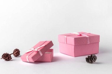 Beyaz ya da açık gri arka planda izole edilmiş iki pembe hediye kutusu, doğal gölge, yan görüş. Noel hediyesi konsepti