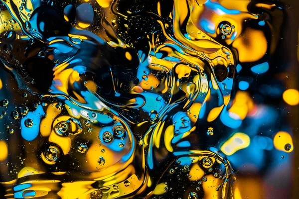 模糊的抽象流体背景 有流动的大气泡和蓝色 青色和橙色的假灯光 具有圆形透明几何粒子的神秘背景 — 图库照片