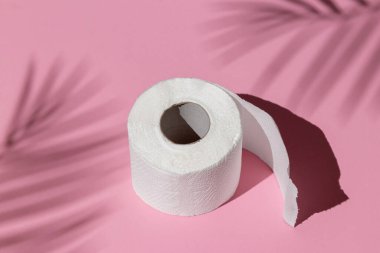 Beyaz tuvalet kağıdı rulosu yakın plan bir palmiye ağacının gölgesinin altında pembe bir arka planda izole edilmiş. Öğlen güneşinin sert gölgeleri