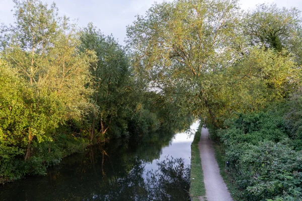 Yaz mevsiminde nehir kıyısındaki kanal ve patikalara bakıyorum. Etrafı güzel ağaçlarla çevrili.