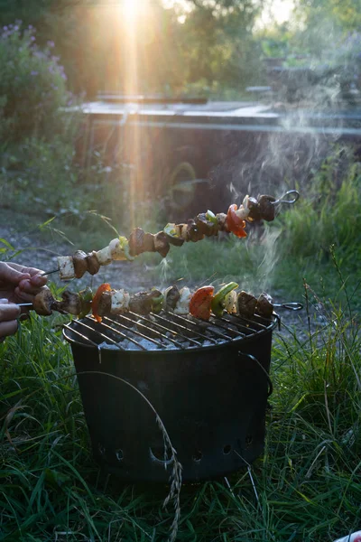 İki vejetaryen sebze ve halloumi kebabı bir çift el tarafından tutuluyor, kanal kenar yolunun yanında ve yaz günü alacakaranlıkta kırmızı dar bir teknede.