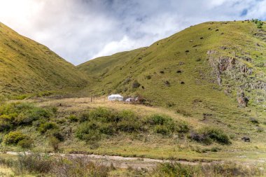 Çin 'deki Tibet' teki göçebe çadırı manzarası