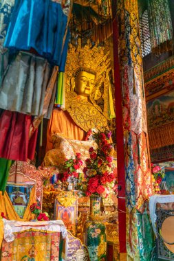 Tibet 'teki Larung Gar' daki eski Budist manastırının manzarası..