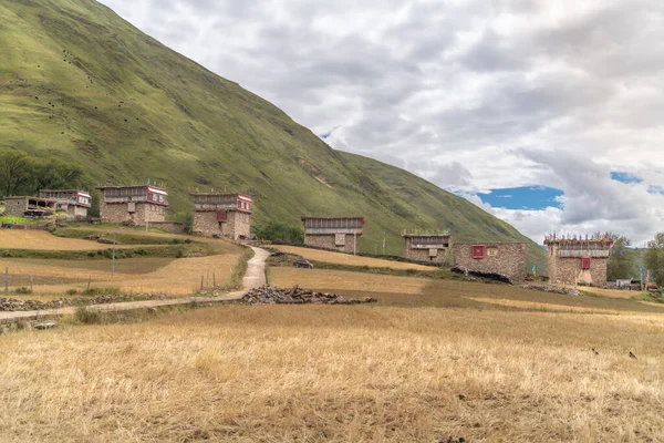 Utsikten Över Traditionella Gamla Tibetanska Avlägsna Byn Och Familjens Hus — Stockfoto