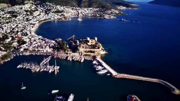 Increíble Vista Panorámica Desde Dron Del Puerto Bodrum Antiguo Castillo — Vídeos de Stock